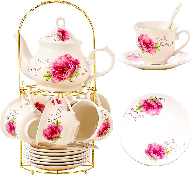 20-Pieces Tea Set For Adult with Golden Metal Rack,Porcelain Tea Sets For Women,Tea Gift Sets for Home&Party(015)