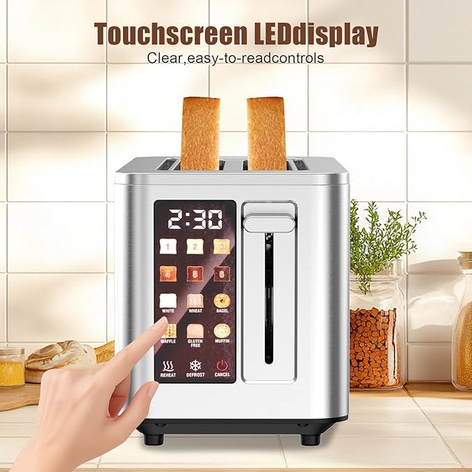 Touch Screen Toaster 4 Slice, 4 Bread Types, 4 Shade Settings, LCD Display, Extra Wide 1.5" Slots, Memory Function, 1400W，16.54 * 8.66 * 7.48inch