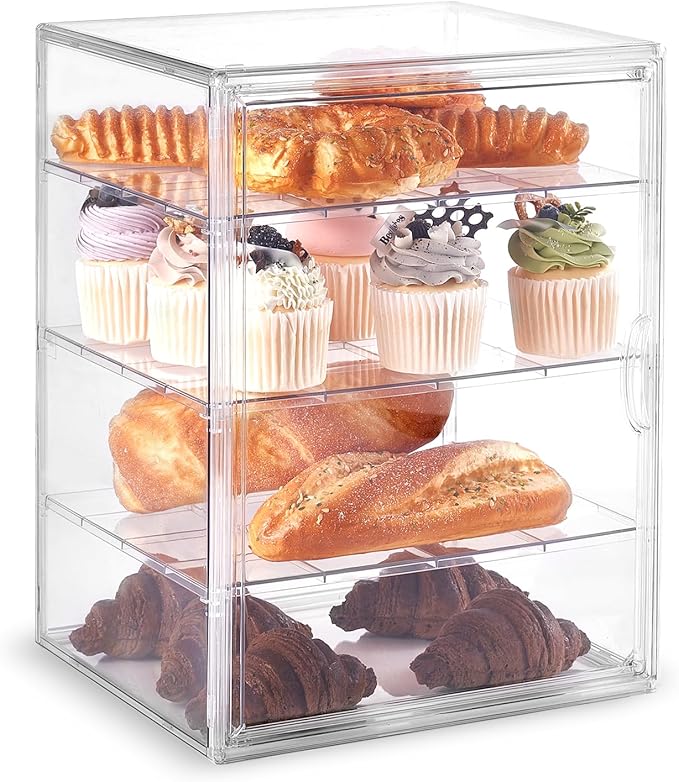 Pastry Display Case,Large Bread Box for Kitchen Countertop,4 Layers Adjustable Bakery Display Case,Clear Breadbox for Baked Goods Cookie Dessert Cupcake Kitchen Counter 15.5x11.4x9.9 Inch