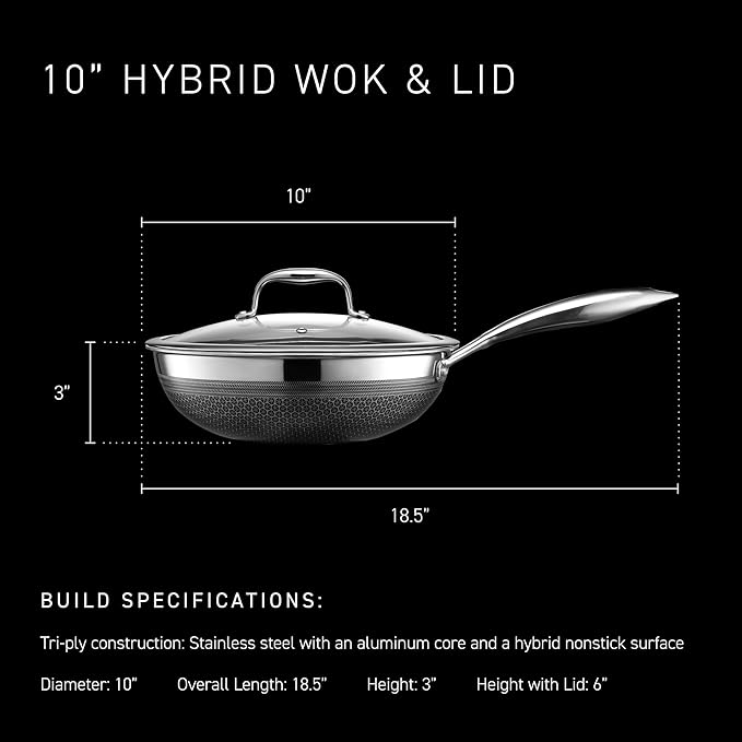 HexClad Hybrid Nonstick 10-Inch Wok, Stay-Cool Handle, Dishwasher-Friendly, Oven-Safe Up to 900°F, Induction Ready, Compatible with All Cooktops