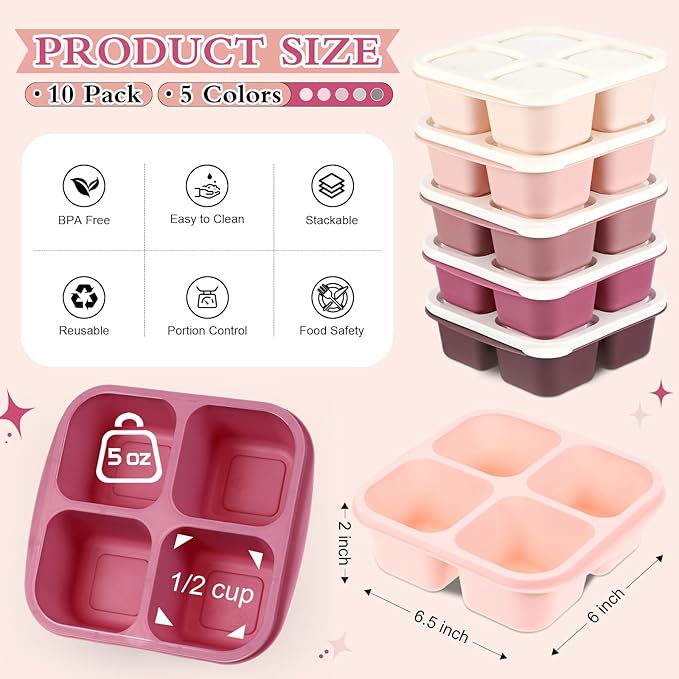 Honeydak 10 Pack Snack Containers 4 Compartment Bento Snack Boxes Reusable Lunchable Containers with Lids Divided Meal Lunch Food Storage Box for School Work Travel