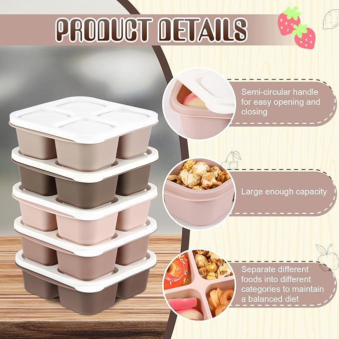 Honeydak 5 Pack Snack Containers 4 Compartment Bento Snack Boxes Reusable Lunchable Containers with Lids Divided Meal Prep Lunch Food Storage Box for School Work Travel(Cream Brown,Equal)