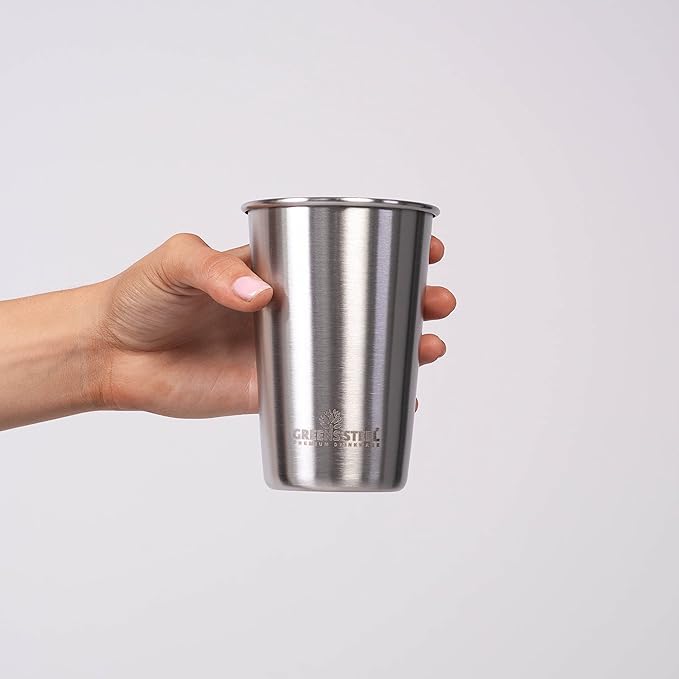 Greens Steel #1 Premium Stainless Steel Cup, 475 ml Pint Cups (4 Pack) Premium Metal Cups - Stackable Durable Cup