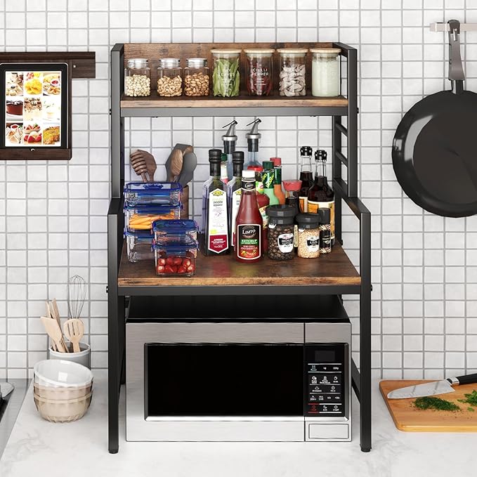 Giantex 3-Tier Microwave Stand, Space-Saving Microwave Oven Rack with 2 Open Shelves & Heavy-Duty Metal Frame, Industrial Countertop Organizer, Microwave Stand Countertop for Kitchen Coffee Bar
