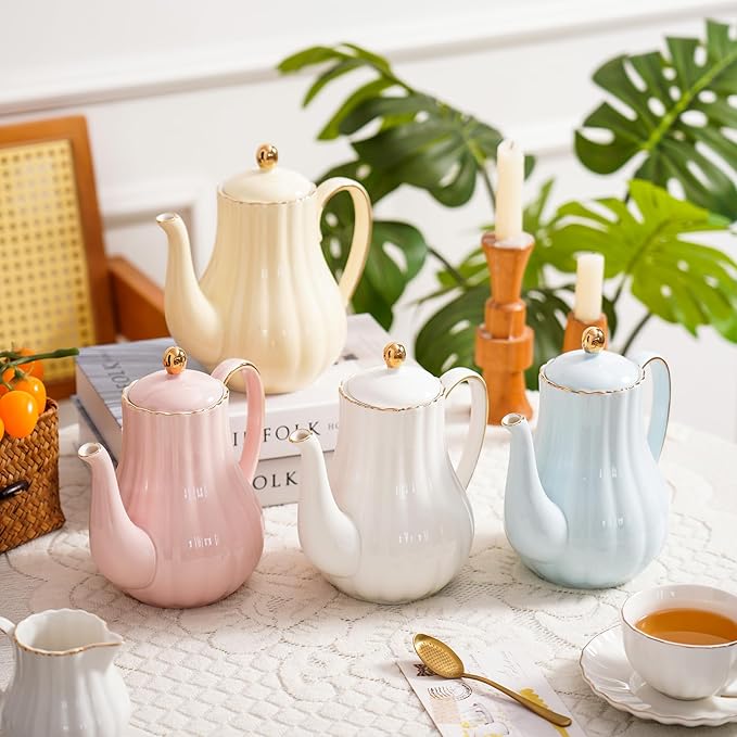 Tea Pot, Porcelain Teapot 37oz，tea pots for tea party，Tea Infuser Pots for Blooming loose Leaf Tea(White)