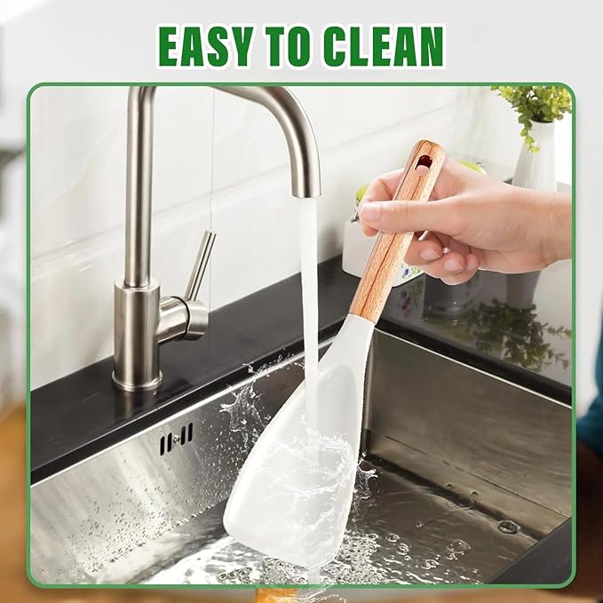 Cedar and Ash Spoon, Multifunction Spatula Cooking Spoon, Heat-Resistant Silicone, Wooden Handle, Safe for Nonstick Cookware, Ergonomic Grip, Ideal for Stirring, Mixing, Serving (4pcs White+Black)