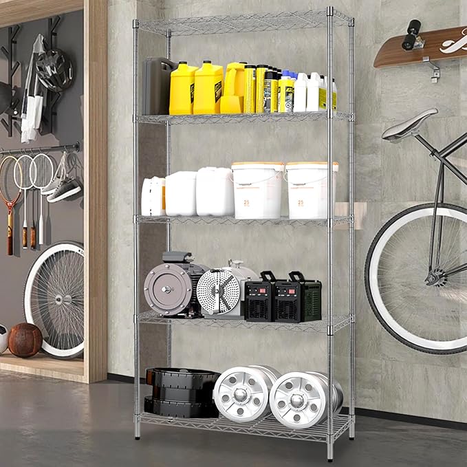 5-Shelf Metal Shelving Adjustable 1250Lbs Capacity, Storage Shelves for Garage Laundry Bathroom Kitchen Pantry Closet, NSF Certified Steel Organizer Wire Rack,Chrome, 72" H x 14" D x36 W