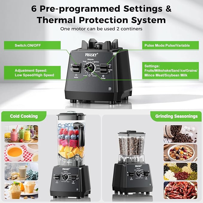 Blenders for Kitchen, Smoothie Blender Large Capacity, 2400W PRASKY Countertop Blender with 101oz Juice & Grinder Jar, BPA-Free, 25000 RPM Blender for Smoothies, Ice, Frozen Fruit (Gray, 3L)