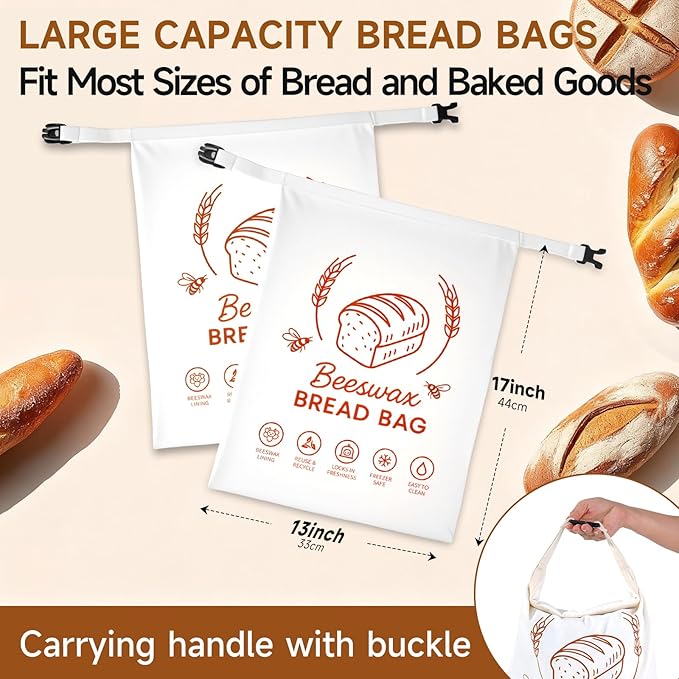 2 Packs Beeswax Bread Bags for Homemade Bread Sourdough, XL Linen Reusable Bread Bag for Homemade bread, Sourdough Bread Storage Bags to Keep Fresh - 17x13 Inch