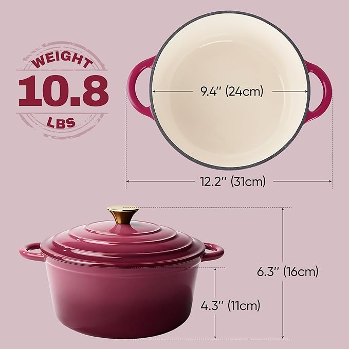 4.5 Quart Dutch Oven Pot with Lid, Non Stick Enameled Cast Iron Dutch Oven for Bread Baking, Heavy-Duty, Oven Safe Ceramic Cookware Up to 500°F for Baking, Braising, Stews, Roasting, Rose