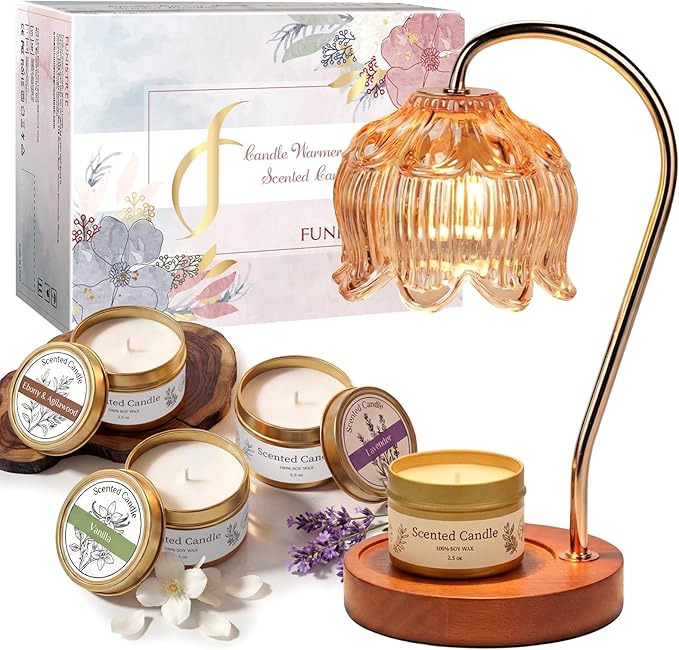 Candle Warmer Lamp with 3 Candles & Gift Box, Gifts for Women Christmas Birthday, Mom Sister Gift, 3 Favor, Lavender, Vanilla, Ebony, 2 Bulbs Inc.