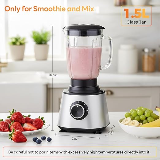 Sweetcrispy Food Processor Blender Combo for Vegetable, Dough, Electric Food Processors Slicing, 6 Cup Chopper for Meat, Puree, 2 Speeds, Sharp Blades, Safety Lock with 1.5L Glass Jar