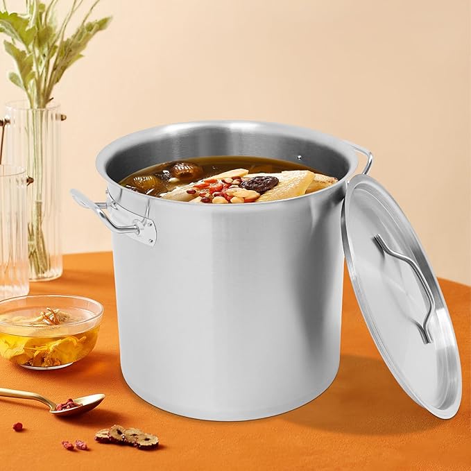 33L/34.8Qt Commercial Large Stock Pot with Lid,Nickel Free Stainless Steel Cookware Healthy Polished Stockpots, Induction Soup Pot for Cooking Home Use