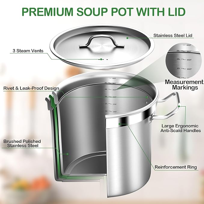 Large Stock Pot with Lid – Professional Stainless Steel Stockpot 40 Quart – Heavy Duty Cooking Pot for Catering, Soup, and Seafood Boil – Compatible with Most Cooktops