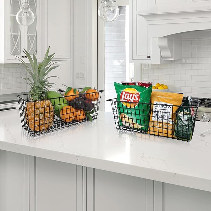 Wall Basket, 4 Set Extra Large Hanging Baskets for Organizing with Hooks, Rustic Farmhouse Decor, Wall Mount Metal Baskets for Bathroom Office Kitchen Cabinet Storage (Black)