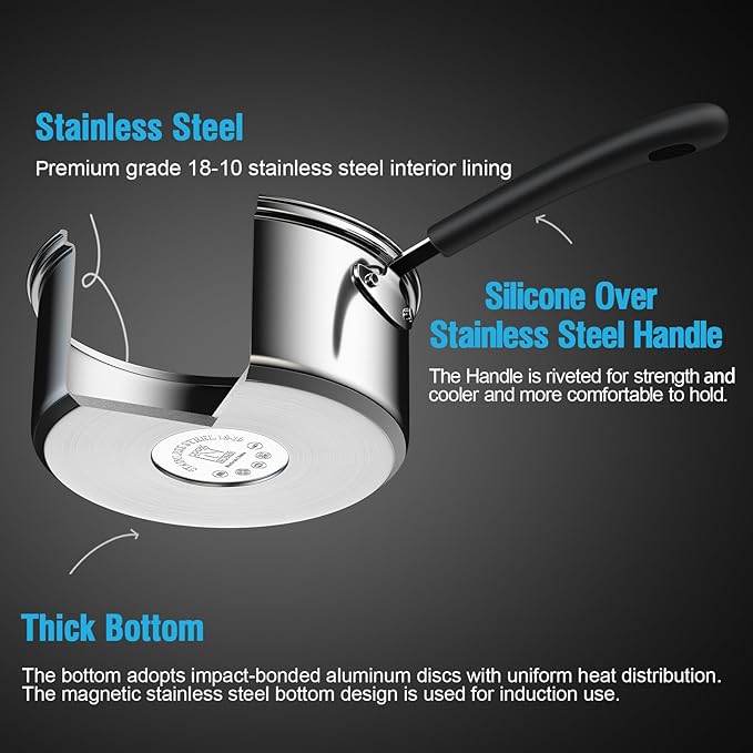 Cook N Home Saucepan Set Sauce Pot With Lid 1QT and 2QT Stainless Steel, Stay Cool Handle, silver