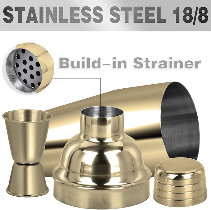 Tiawudi Large 24oz Cocktail Shaker Set, Stainless Steel 18/8 Martini Mixer Shaker with Built-in Strainer, Measuring Jigger & Mixing Spoon, Martini Shaker Set, Perfect for Bartender and Home Use, Gold