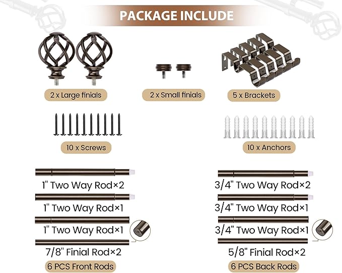 KAMANINA 1 Inch Double Curtain Rod 140 to 195 Inches (12-16 Feet), Antique Bronze Curtain Rods for Windows 60 to 191, Heavy Duty Telescoping Drapery Rods with Twisted Cage Finials