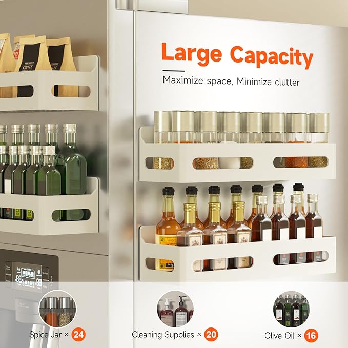 4 Pack Magnetic Spice Rack for Refrigerator, Spice Rack Organizer, Moveable Magnetic Shelf Fridge Organizer with 4 Hooks for Kitchen and Oven Organization, White