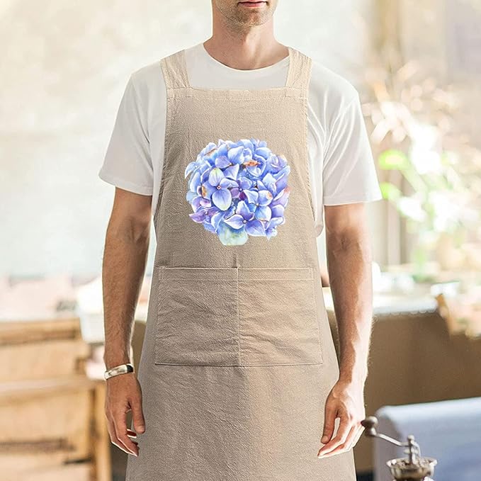 Cotton Linen Apron Non-tie Cross Back Kitchen Apron with Pockets Soft Comfortable Durable for Cooking Baking Gardening (Khaki，Hydrangea)