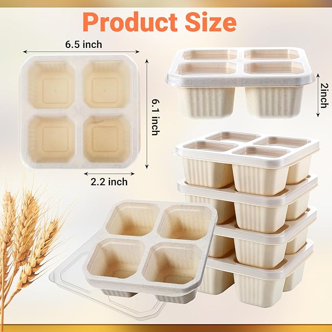 12 Pcs Reusable Bento Lunch Boxes 4 Compartment Snack Containers with Lids Wheat Straw Meal Prep Food Storage for Adults, Travel, Work (Beige)