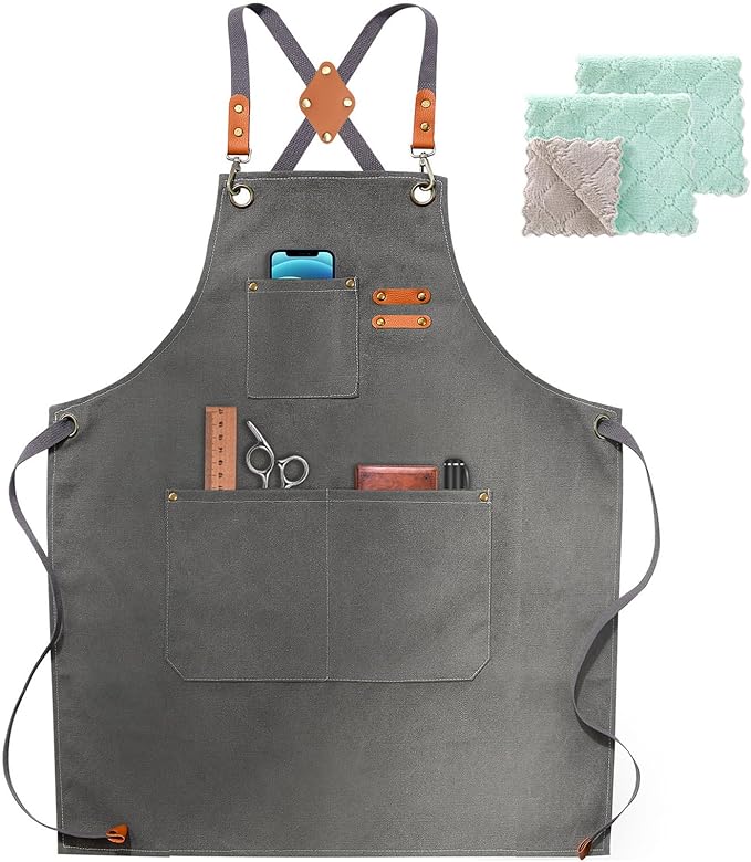 ZOMAO Chef Apron, Apron for Men Women with Adjustable Straps Cotton Canvas Cross Back Adjustable Apron with Pockets for Women and Men(Grey)