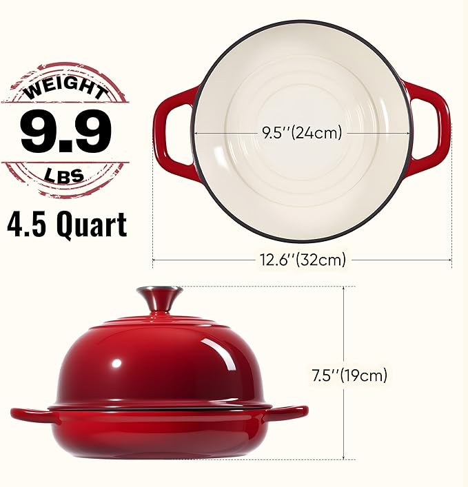 4.5 QT Dutch Oven for Bread Baking, Cast Iron Bread Oven for Sourdough, Enamelled Bread Dutch Oven with Lid, Heavy-Duty Non Stick Bread Pot, Red