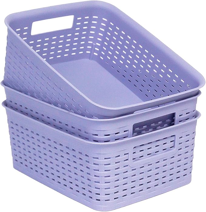 Plastic Storage Baskets for Cabinets, Household Pantry Organization with Handle,Organizer Bins for Room,Bathrooms,Under-Sink,Kitchen (Purple, S-3PACK)