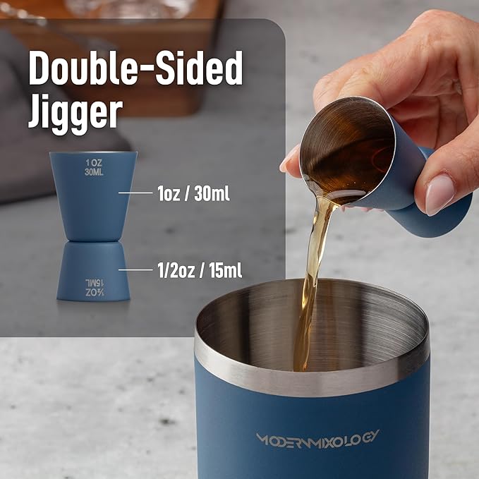 Mixology & Craft Matte Blue Bartender Kit – Cocktail Shaker and Jigger Set, 24oz Drink Mixer with Cap – Home Bar Tools for Mixing Cocktails, Martini, Margarita – Sleek Gift for Men & Women