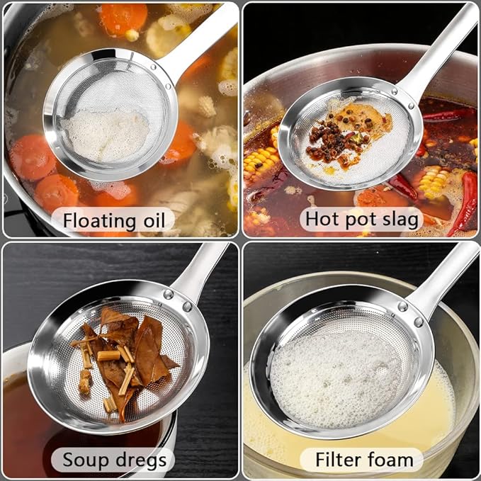 Kitchen Skimmer Strainers Stainless Steel Mesh Colanders Food Strainers Set Fine Mesh Sieve With Handle Slotted Spoon Handheld Fry Oil Filter For Cooking Vegetable Strainer Foam Hot Pot 2Pack