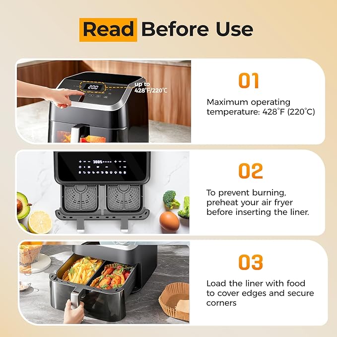 Vailnd 300Pcs Air Fryer Paper Liners Disposable, 8x5.5" Rectangle Parchment Paper, Sheets, Non-stick Liners for Rectangular Airfryer Basket Oilproof Waterproof