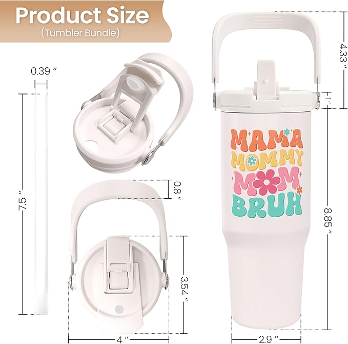 SANDJEST Funny Mom Tumbler 30oz, Mama Bruh Stainless Steel Insulated Coffee Travel Mug with Handle & Flip Straw Lid, Mom Gifts for Christmas Birthday Mothers Day Valentines