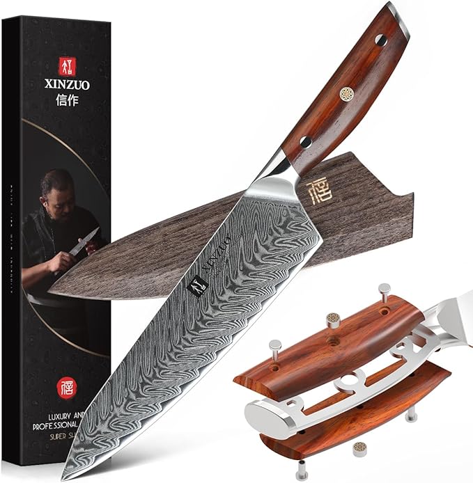 XINZUO Damascus Steel Chef Knife,8.3 Inch Kiritsuke Kitchen Knife Professional High Carbon Steel Forged Gyuto Cooking Knife-Ergonomic Rosewood Handle- Ash Wood Magnetic Knife Sheath-Yi Series
