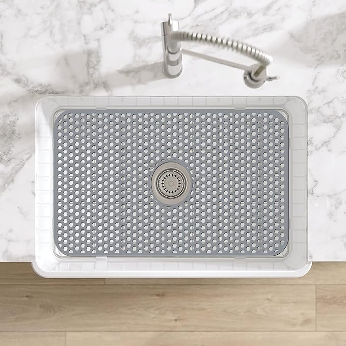 Silicone Sink Mat, 26'' x 14'' Protectors for Kitchen Sink with Center Drain, Kitchen Protector Accessory, Non-Slip Grid Mat for Bottom of Farmhouse Porcelain Stainless Steel(Center Hole)
