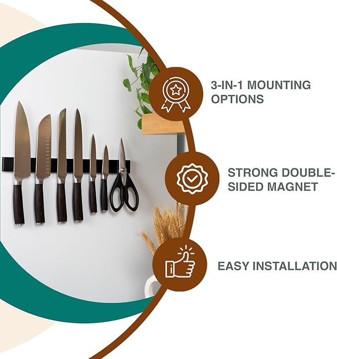 Magnetic Knife Holder 16 Inch Black – Sleek Stainless Steel Strip, Rack & Bar for Wall or Fridge, No Drill Adhesive Kitchen Organizer, Premium Gift by Pampavanna