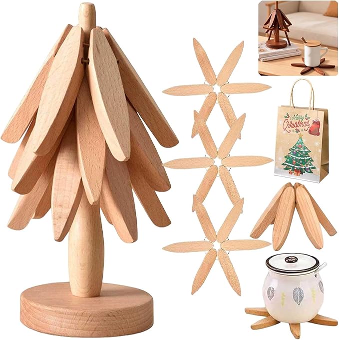 Natural Tree Trivet Set 4 Wooden Trivets and 1 Stand Like a Christmas Tree Wooden Hot Pads Heat Resistant Trivets for Kitchen Table Decor (Log-3 Piece)