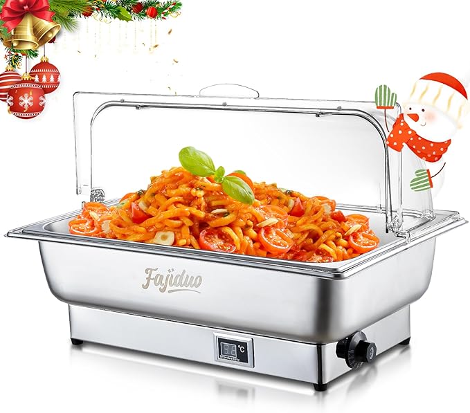 Electric Chafing Dish, 9QT Full Size Electric Chafing Dish Buffet, Adjustable Temp Roll Top Food Warmer, 600W Chafing Dish Buffet Set for Catering Parties