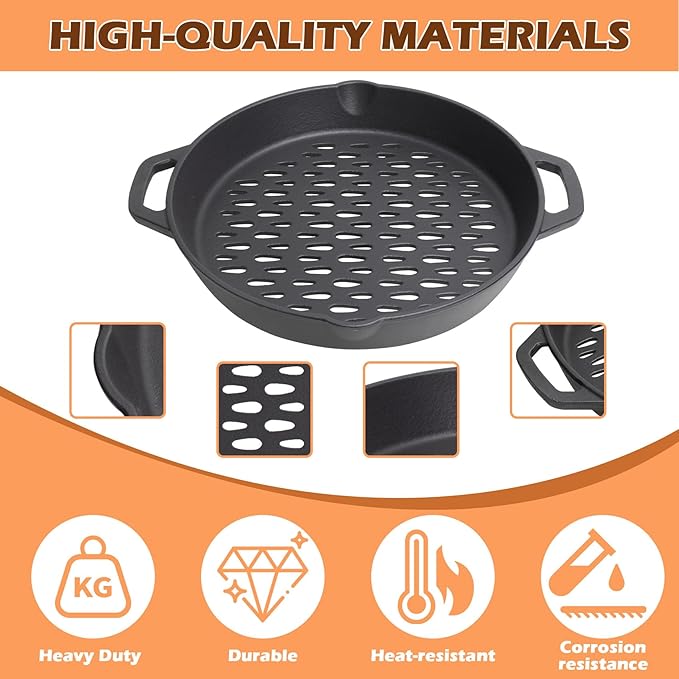Round Cast Iron Grill Baskets for all Charcoal Smoker and Gas Grills,12 Inch Nonstick Cast Iron Grill Pan Tray Could Cooking Veggie Meat Fish -Dual Handle Grill Basket for All Outdoor Grills
