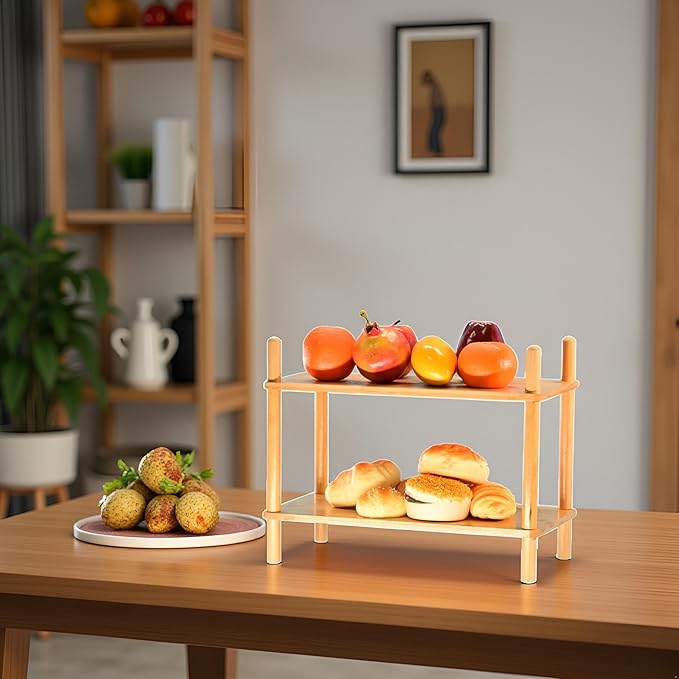 Expandable Bamboo Desktop Organizer Shelf Kitchen Cabinet and Counter Riser Display Shelf for Top of Desk Home Office Bathroom Coffee Table Display Stand- Useful Home & Housewarming Gift