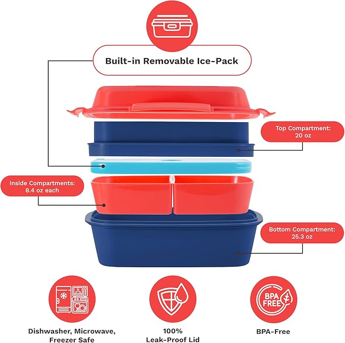 Ultimate Bento Box - Lunch Box for Kids & Adults with Removable Ice Pack - Leakproof, Multi-Compartment Food Container with Removable Containers - Microwave & Dishwasher Safe (Red, Blue, Red)