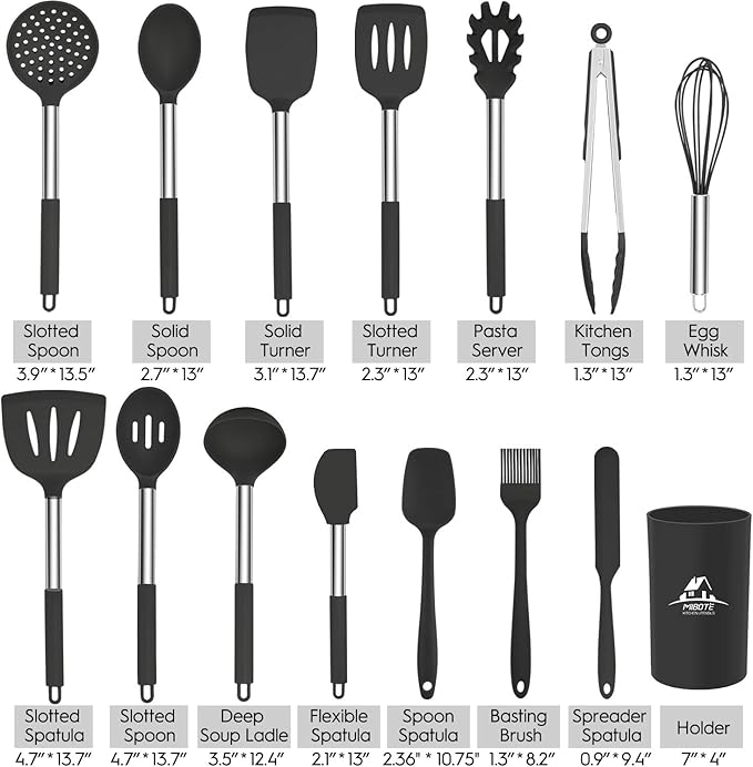 MIBOTE Silicone Kitchen Utensils Set, Cooking Utensils Set with Heat Resistant BPA-Free Silicone and Stainless Steel Handle Kitchen Tools Set (Black)