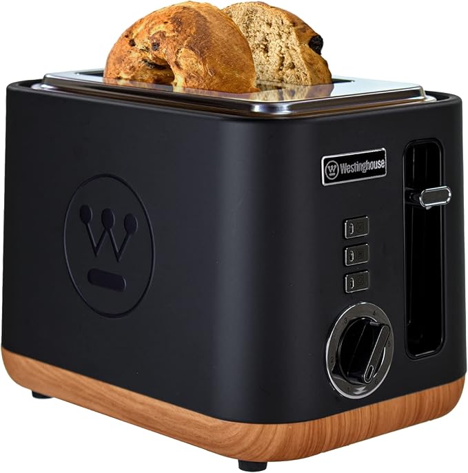 Westinghouse Scandinavian Design Toaster with Wide Slots, Removable Crumb Tray, 6 Browning Levels, and Cancel/Reheat/Defrost Options - for Bread, Bagels, & Waffles - Black with Wood Finish, 2-Slice