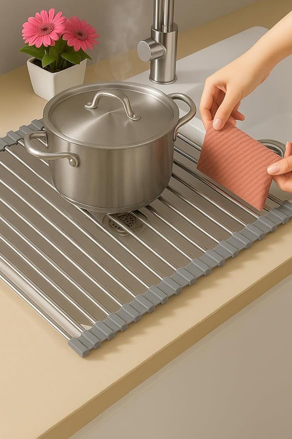 Roll Up Dish Drying Rack – Stainless Steel & Silicone Over Sink Mat, Foldable Kitchen Counter Organizer – Includes Mini Silicone Oven Mitts (Gray)