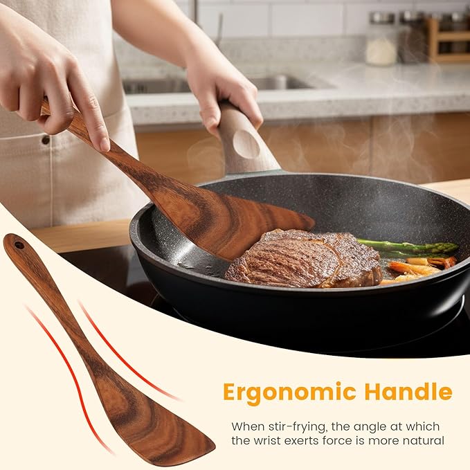 HANSGO Wooden Spatula, 12 Inch Acacia Wood Nonstick Turner, Right Hand Long Handle Flat Frying Spatulas, Kitchen Gift for Mother Wife Grandma, Non Toxic Cooking Utensils for Eggs, Fish, Pancakes