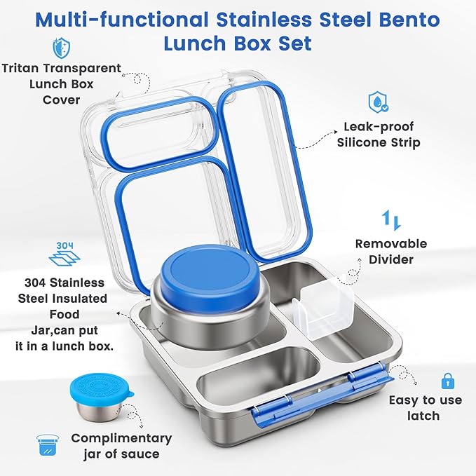Stainless Steel Bento Box Kids Adult with 7oz Soup Thermo, Transparent Lid 3 Compartments Metal Bento Lunch Box with Insulated Food Jar,Lunch Box Container Sauce Cup for School,BPA-Free(Blue)
