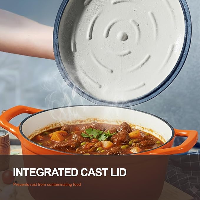 Overmont Refined Enameled Cast Iron Dutch Oven - 5.5QT Pot with Wide Handles Lid Cookbook & Cotton Potholders - Heavy-Duty Pre-Seasoned Cookware Oven Safe to 500°F for Braising, Stews, Roasting, Bread Baking