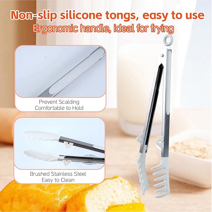 Kitchen Tongs,Set Of 3 Tongs with Silicone Tip for Cooking 9/12 Inch Stainless Steel Kitchen Tong for Meat,Food Grill,Salad,BBQ,Frying,Serving,Dishwasher (white, 12inch)