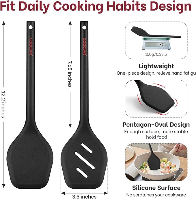 Pack of 2 Silicone Spatula Turner Set, Heat Resistant BPA-Free Silicone Kitchen Spatula Set for Non-Stick Pans, One-Piece Design Solid & Slotted Turner Ideal for Flipping Eggs, Pancakes, Black