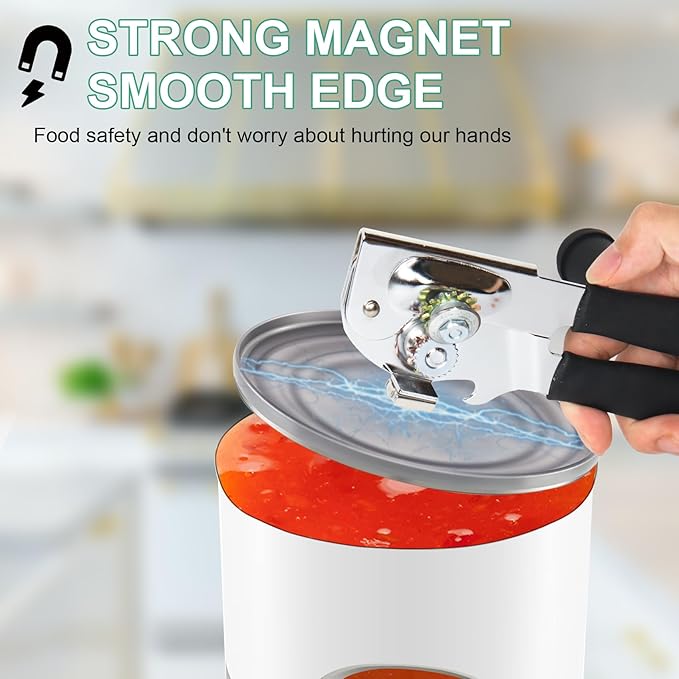 Manual Can Opener with Folding Crank Handle, Commercial Heavy Duty Hand Held Can Openers with Magnet, for Seniors with Comfortable Long Rubber Handle