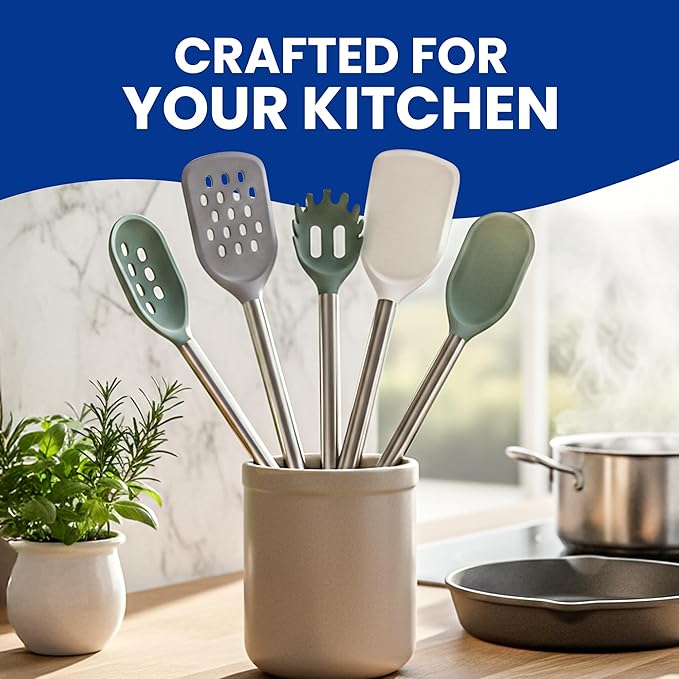5-Piece Silicone Kitchen Utensil Set – Heat-Resistant, BPA-Free Cooking Tools with Stainless Steel Handles – Nonstick Safe Turner, Spoons, Pasta Server & Spatula – Dishwasher Safe